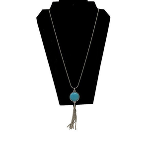 Long Silver Tone Snake‎ Chain Necklace with Faux Turquoise Medallion and Tassel